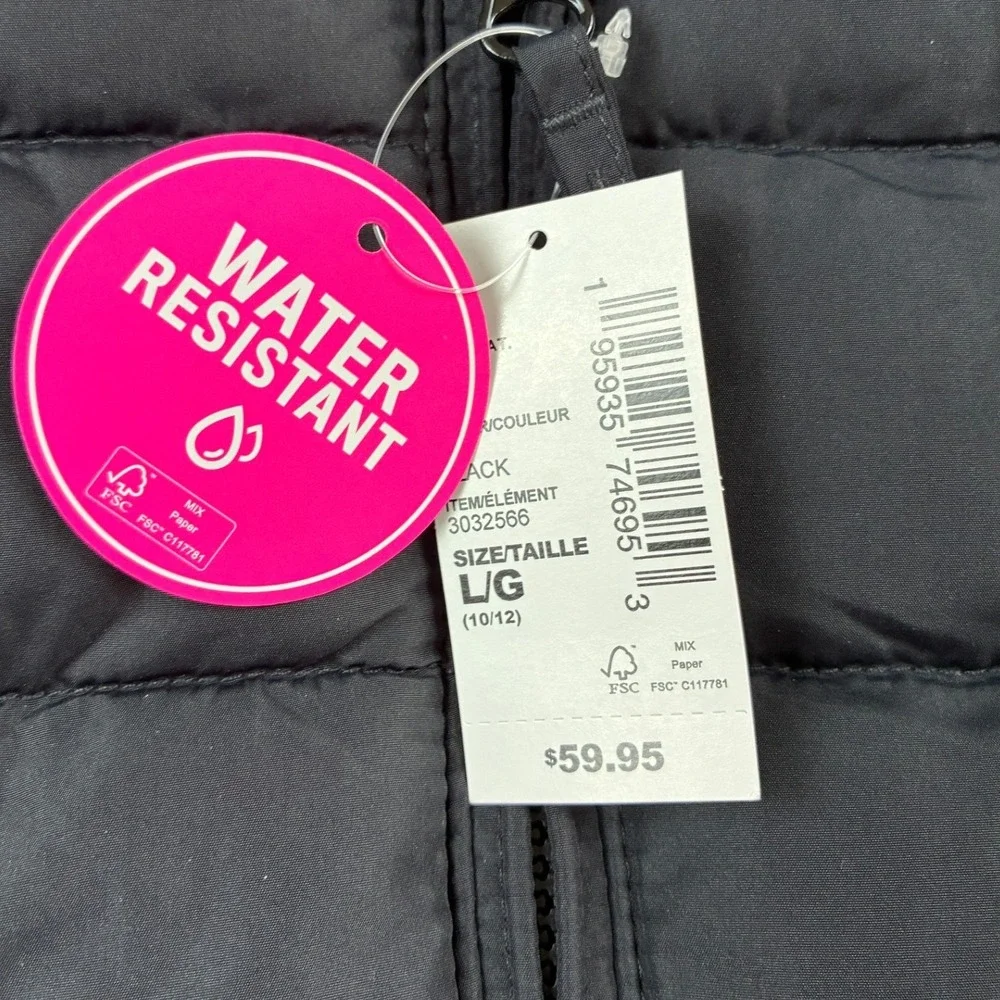 NWT The Childrens Place Kids Black Puffer Jacket Water Resistant Size L 10/12